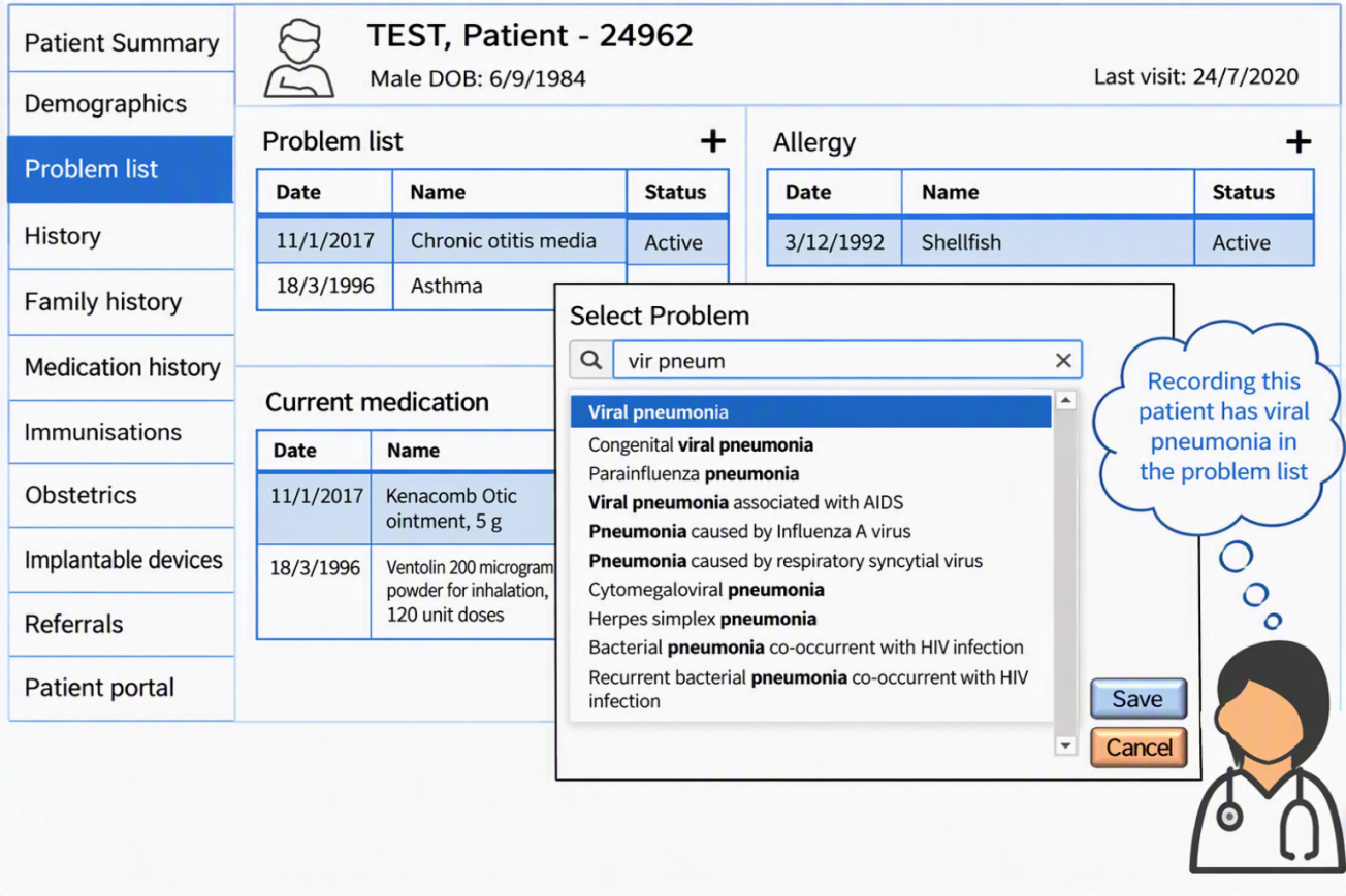 Screenshot of an electronic health record showing a patient problem list. A clinician searches for “viral pneumonia” and selects the term from a list of clinical concepts. A callout explains that viral pneumonia is being recorded in the patient's problem list using standardised clinical terminology.