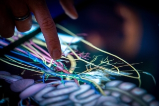 Close-up of a hand pointing at a brightly coloured digital anatomical illustration on a touchscreen, showing the interconnected structures and pathways within the human body. The anatomical illustration is neon yellow, pink, blue and green and is against a dark background.